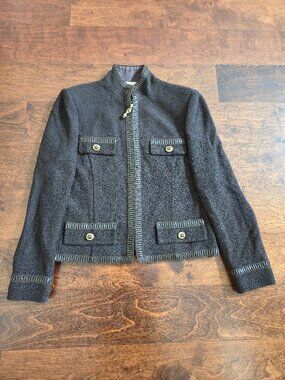 Vintage St. John Collection by Marie Gray Brown Jacket With Leather Trim